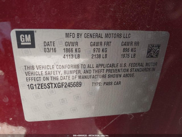 45950520 :رقم المزاد ، 1G1ZE5STXGF245689 vin ، 2016 Chevrolet Malibu 1lt مزاد بيع