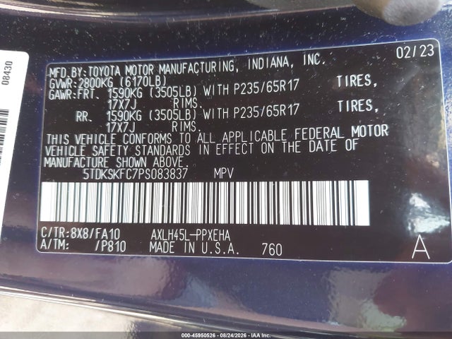 45950526 :رقم المزاد ، 5TDKSKFC7PS083837 vin ، 2023 Toyota Sienna Le مزاد بيع