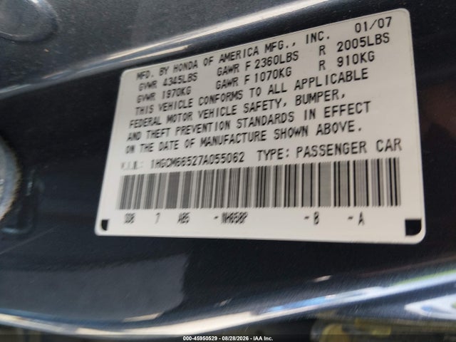 Продаж на аукціоні авто 2007 Honda Accord 3.0 Ex, vin: 1HGCM66527A055062, номер лоту: 45950529