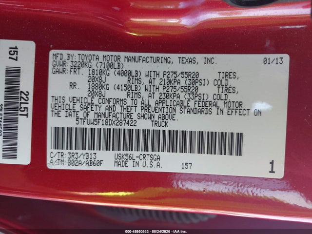 45950533 :رقم المزاد ، 5TFUW5F18DX287422 vin ، 2013 Toyota Tundra Grade 5.7l V8 مزاد بيع