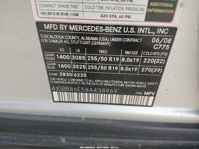 Aukcja sprzedaży 2008 Mercedes-benz Ml 350 4matic, vin: 4JGBB86E58A438969, numer aukcji: 45950538
