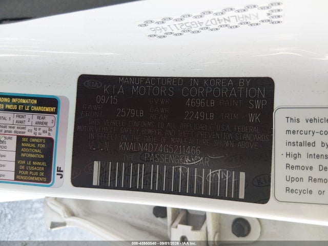 2016 Kia Cadenza Limited მანქანა იყიდება აუქციონზე, vin: KNALN4D74G5211466, აუქციონის ნომერი: 45950540