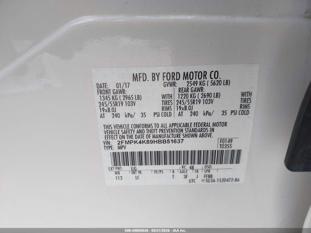 45950545 :رقم المزاد ، 2FMPK4K89HBB51637 vin ، 2017 Ford Edge Titanium مزاد بيع