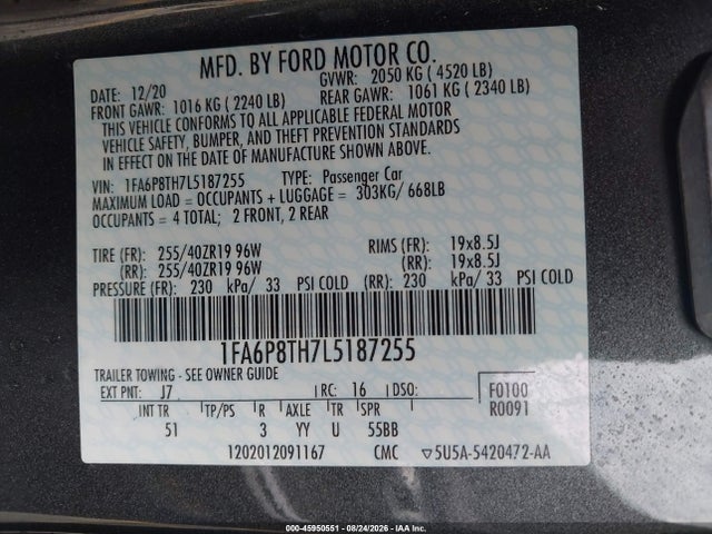 Продаж на аукціоні авто 2020 Ford Mustang Ecoboost Premium Fastback, vin: 1FA6P8TH7L5187255, номер лоту: 45950551