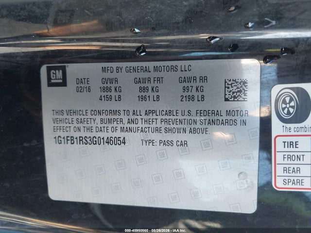 45950560 :رقم المزاد ، 1G1FB1RS3G0146054 vin ، 2016 Chevrolet Camaro 1lt مزاد بيع