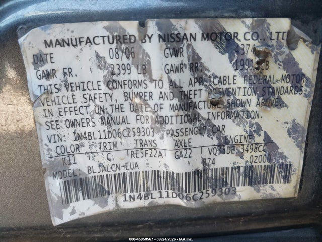 45950567 :رقم المزاد ، 1N4BL11D06C259303 vin ، 2006 Nissan Altima 3.5 Se مزاد بيع