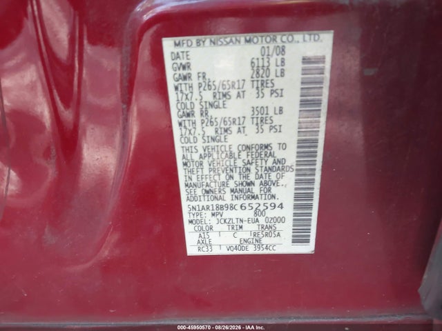 Продаж на аукціоні авто 2008 Nissan Pathfinder Se, vin: 5N1AR18B98C652594, номер лоту: 45950570