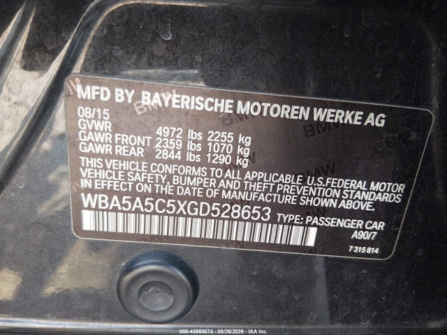 45950574 :رقم المزاد ، WBA5A5C5XGD528653 vin ، 2016 Bmw 528i مزاد بيع