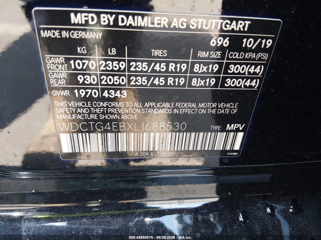 Aukcja sprzedaży 2020 Mercedes-benz Gla 250, vin: WDCTG4EBXLJ688530, numer aukcji: 45950575