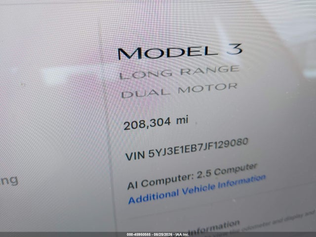 45950585 :رقم المزاد ، 5YJ3E1EB7JF129080 vin ، 2018 Tesla Model 3 Long Range/performance مزاد بيع