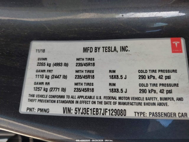 45950585 :رقم المزاد ، 5YJ3E1EB7JF129080 vin ، 2018 Tesla Model 3 Long Range/performance مزاد بيع