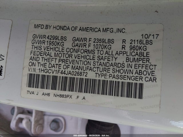 Продаж на аукціоні авто 2018 Honda Accord Ex, vin: 1HGCV1F44JA026872, номер лоту: 45950600