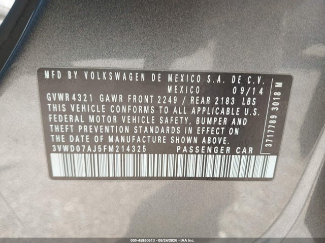2015 Volkswagen Jetta 1.8t Se მანქანა იყიდება აუქციონზე, vin: 3VWD07AJ5FM214325, აუქციონის ნომერი: 45950613