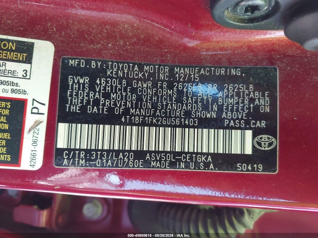 Продажа на аукционе авто 2016 Toyota Camry Xle, vin: 4T1BF1FK2GU561403, номер лота: 45950615