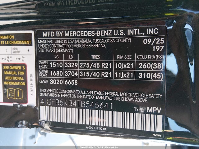 Aukcja sprzedaży 2026 Mercedes-benz Gle 450 4matic, vin: 4JGFB5KB4TB545641, numer aukcji: 45950647