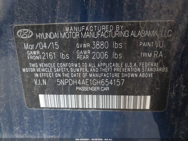 2016 Hyundai Elantra Se მანქანა იყიდება აუქციონზე, vin: 5NPDH4AE1GH654157, აუქციონის ნომერი: 45950651