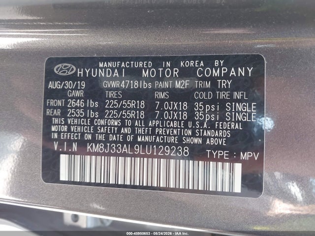 Продажа на аукционе авто 2020 Hyundai Tucson Sel, vin: KM8J33AL9LU129238, номер лота: 45950653