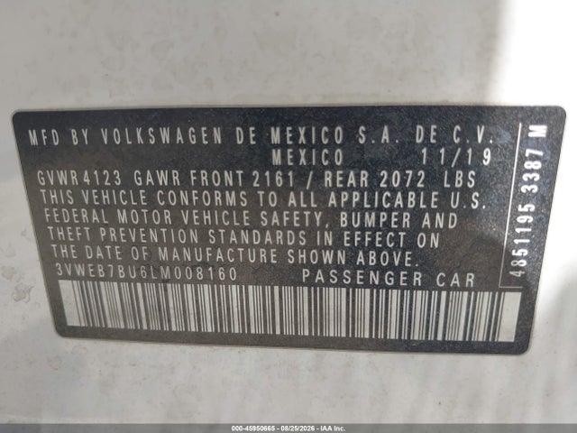 2020 Volkswagen Jetta 1.4t Sel მანქანა იყიდება აუქციონზე, vin: 3VWEB7BU6LM008160, აუქციონის ნომერი: 45950665