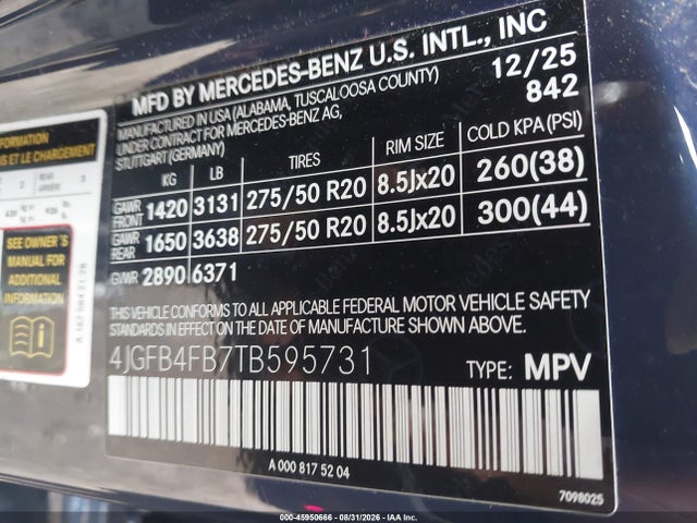 Aukcja sprzedaży 2026 Mercedes-benz Gle 350, vin: 4JGFB4FB7TB595731, numer aukcji: 45950666