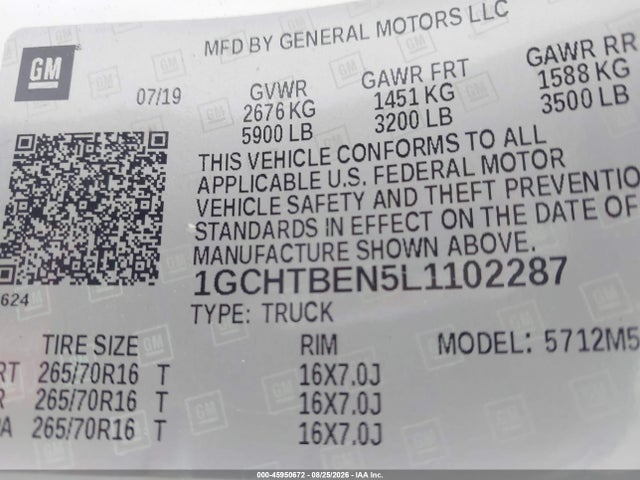 45950672 :رقم المزاد ، 1GCHTBEN5L1102287 vin ، 2020 Chevrolet Colorado 4wd  Long Box Wt مزاد بيع