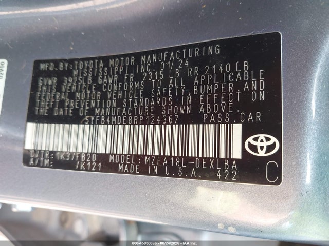 Продаж на аукціоні авто 2024 Toyota Corolla Le, vin: 5YFB4MDE8RP124367, номер лоту: 45950696