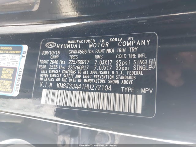 Auction sale of the 2017 Hyundai Tucson Se, vin: KM8J33A41HU272104, lot number: 45950701