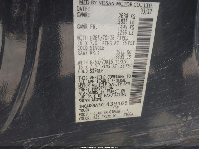 45950706 :رقم المزاد ، 1N6AD0EV5CC439465 vin ، 2012 Nissan Frontier Sv مزاد بيع