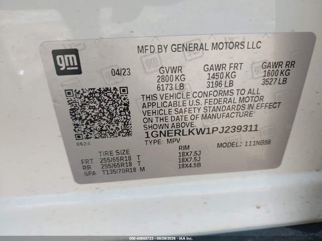 2023 Chevrolet Traverse Fwd 1fl მანქანა იყიდება აუქციონზე, vin: 1GNERLKW1PJ239311, აუქციონის ნომერი: 45950723