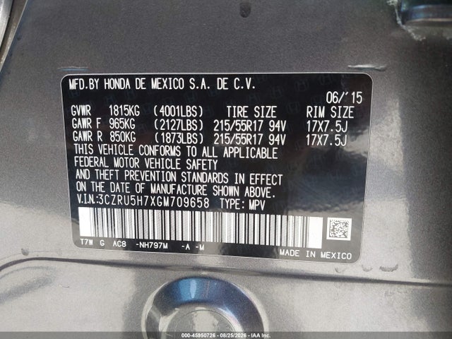 Aukcja sprzedaży 2016 Honda Hr-v Ex-l, vin: 3CZRU5H7XGM709658, numer aukcji: 45950726