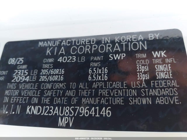 Aukcja sprzedaży 2025 Kia Soul Lx/s, vin: KNDJ23AU8S7964146, numer aukcji: 45950729