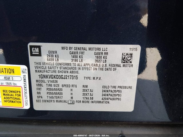 Продажа на аукционе авто 2016 Chevrolet Traverse Lt, vin: 1GNKVGKD3GJ217315, номер лота: 45950747