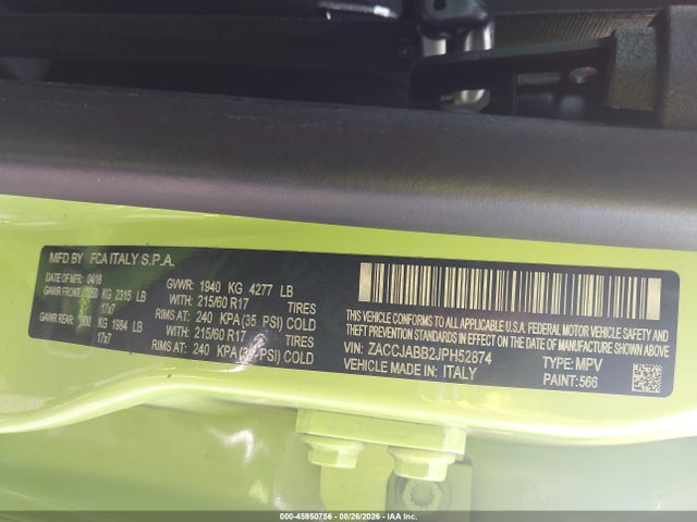 Aukcja sprzedaży 2018 Jeep Renegade Latitude Fwd, vin: ZACCJABB2JPH52874, numer aukcji: 45950756