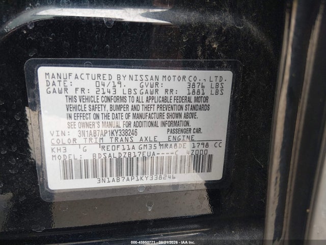 2019 Nissan Sentra Sv მანქანა იყიდება აუქციონზე, vin: 3N1AB7AP1KY338246, აუქციონის ნომერი: 45950771