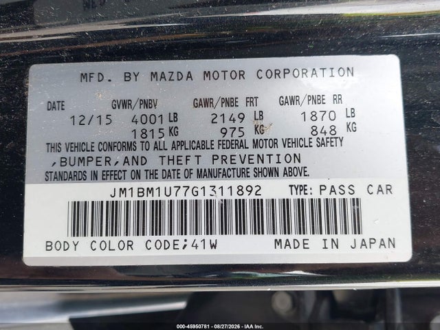45950781 :رقم المزاد ، JM1BM1U77G1311892 vin ، 2016 Mazda Mazda3 I Sport مزاد بيع