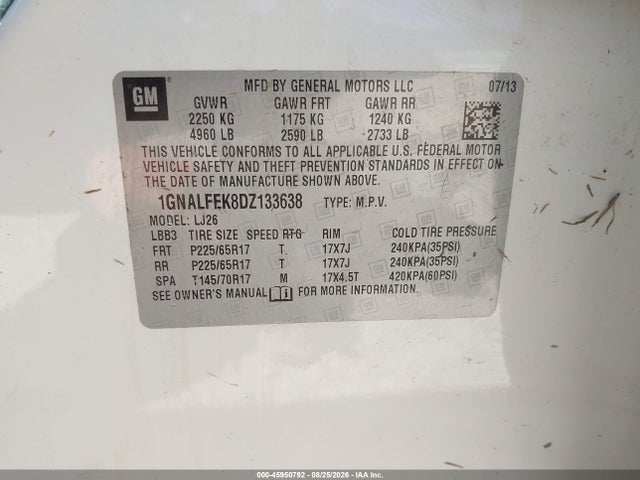 Aukcja sprzedaży 2013 Chevrolet Equinox Ltz, vin: 1GNALFEK8DZ133638, numer aukcji: 45950792