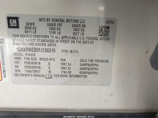 45950797 :رقم المزاد ، 1GKKRNED5FJ136316 vin ، 2015 Gmc Acadia Sle-1 مزاد بيع