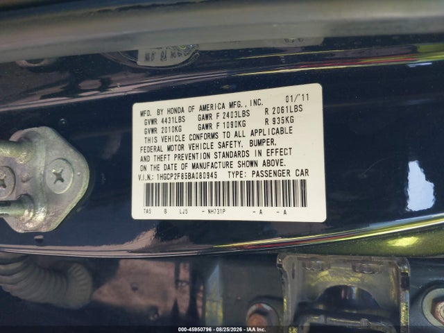 Продажа на аукционе авто 2011 Honda Accord 2.4 Ex-l, vin: 1HGCP2F85BA080945, номер лота: 45950796