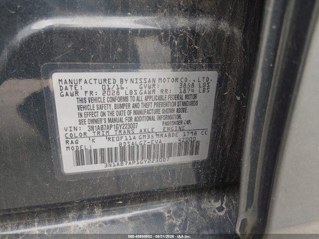 Aukcja sprzedaży 2016 Nissan Sentra Sl, vin: 3N1AB7AP1GY223007, numer aukcji: 45950802