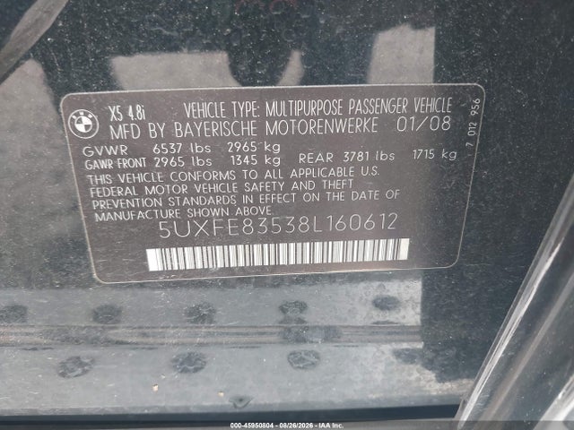 Продаж на аукціоні авто 2008 Bmw X5 4.8i, vin: 5UXFE83538L160612, номер лоту: 45950804