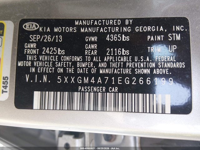 2014 Kia Optima Lx მანქანა იყიდება აუქციონზე, vin: 5XXGM4A71EG266199, აუქციონის ნომერი: 45950821