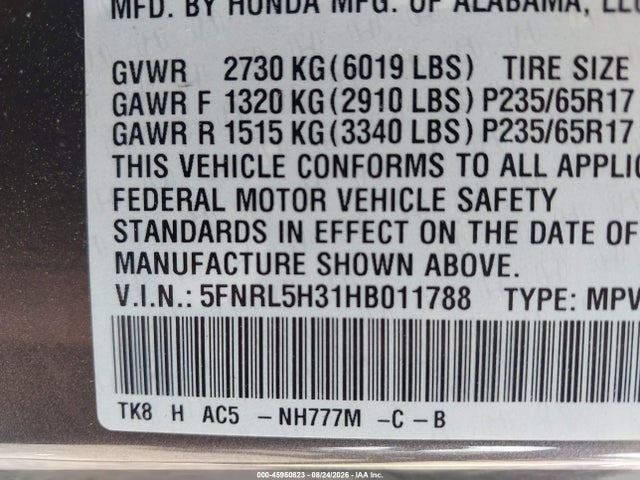 Продаж на аукціоні авто 2017 Honda Odyssey Se, vin: 5FNRL5H31HB011788, номер лоту: 45950823