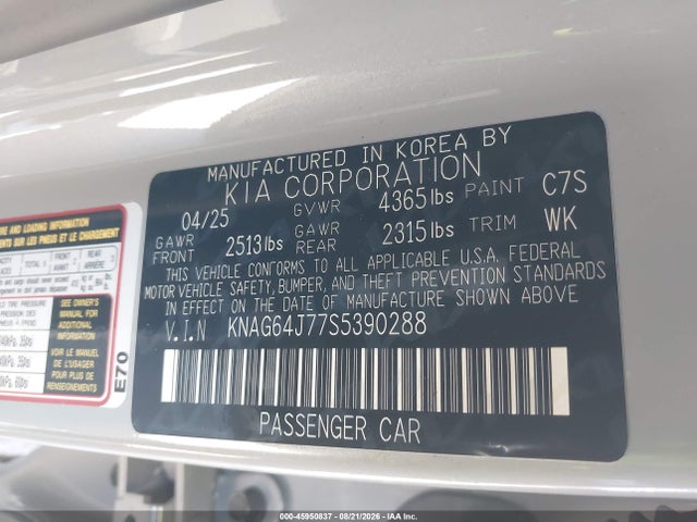 Продаж на аукціоні авто 2025 Kia K5 Gt-line, vin: KNAG64J77S5390288, номер лоту: 45950837