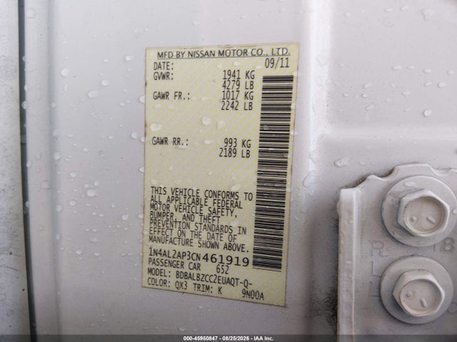 45950847 :رقم المزاد ، 1N4AL2AP3CN461919 vin ، 2012 Nissan Altima 2.5 S مزاد بيع