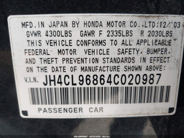 45950867 :رقم المزاد ، JH4CL96864C020987 vin ، 2004 Acura Tsx مزاد بيع