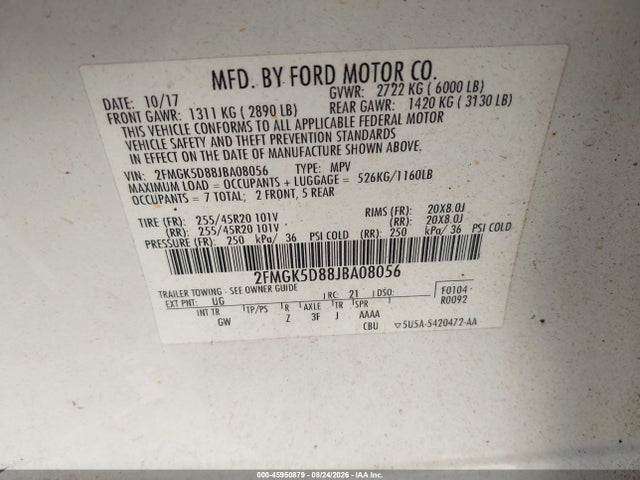 2018 Ford Flex Limited მანქანა იყიდება აუქციონზე, vin: 2FMGK5D88JBA08056, აუქციონის ნომერი: 45950879