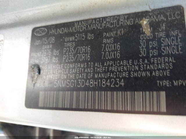 Продаж на аукціоні авто 2008 Hyundai Santa Fe Gls, vin: 5NMSG13D48H184234, номер лоту: 45950898