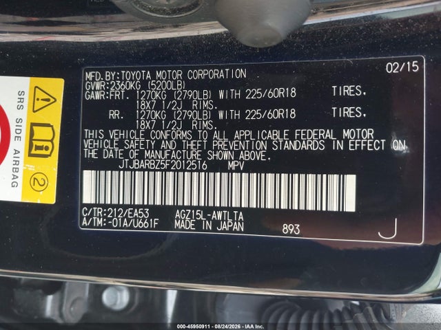 45950911 :رقم المزاد ، JTJBARBZ5F2012516 vin ، 2015 Lexus Nx 200t مزاد بيع