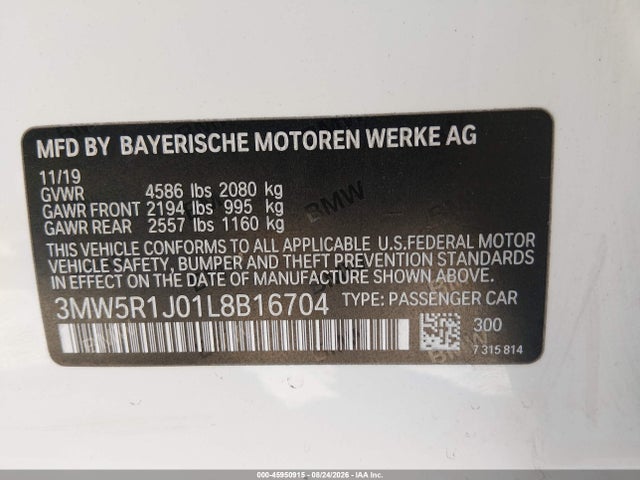 Продаж на аукціоні авто 2020 Bmw 330i, vin: 3MW5R1J01L8B16704, номер лоту: 45950915
