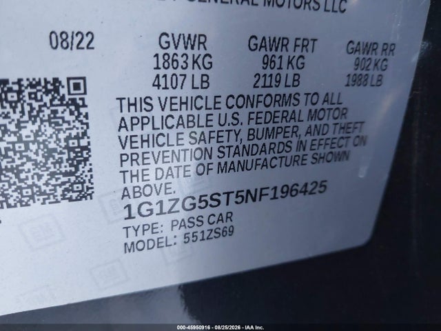 45950916 :رقم المزاد ، 1G1ZG5ST5NF196425 vin ، 2022 Chevrolet Malibu Fwd Rs مزاد بيع