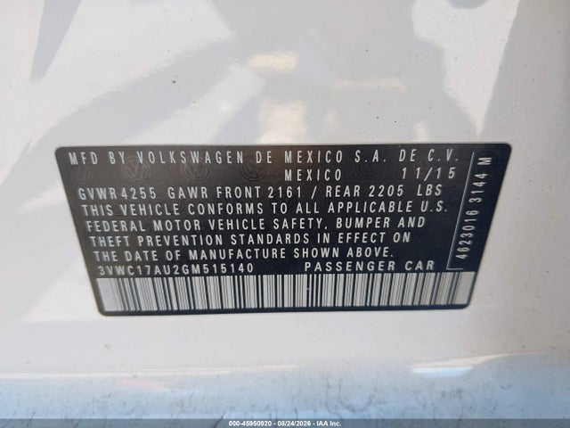 2016 Volkswagen Golf Sportwagen Tsi Se 4-door მანქანა იყიდება აუქციონზე, vin: 3VWC17AU2GM515140, აუქციონის ნომერი: 45950920